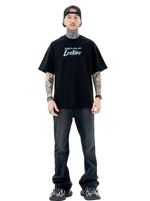 Half Sleeve Oversized Cottonblend Round Neck Drop Shoulder Back Printed Men's T-Shirt (Color Black)