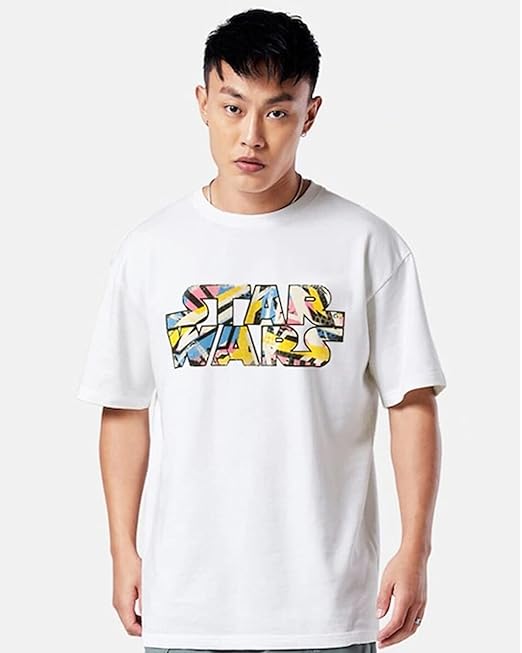 White Oversized Cotton Star Wars Print Crew Neck T-Shirt for Men