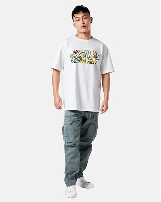 White Oversized Cotton Star Wars Print Crew Neck T-Shirt for Men