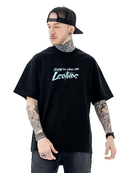 Half Sleeve Oversized Cottonblend Round Neck Drop Shoulder Back Printed Men's T-Shirt (Color Black)