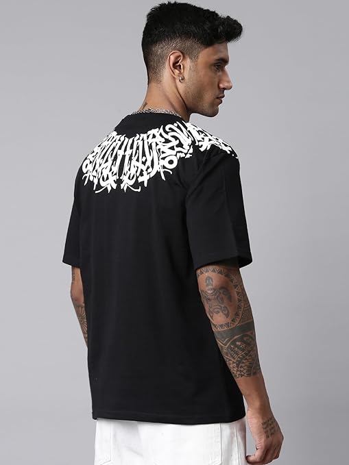 Men's Stylish Round Neck Printed 3/4th Sleeve Oversized T-Shirt (Black)