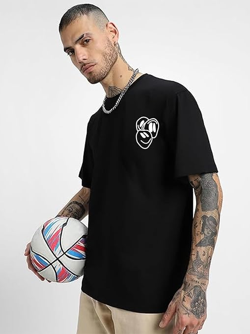 Pure Cotton Round Neck Drop Shoulder Oversized Fit Aesthetic No Mercy Graphic Print Black Half Sleeve T-Shirt Men (Available in from S to 2XL)