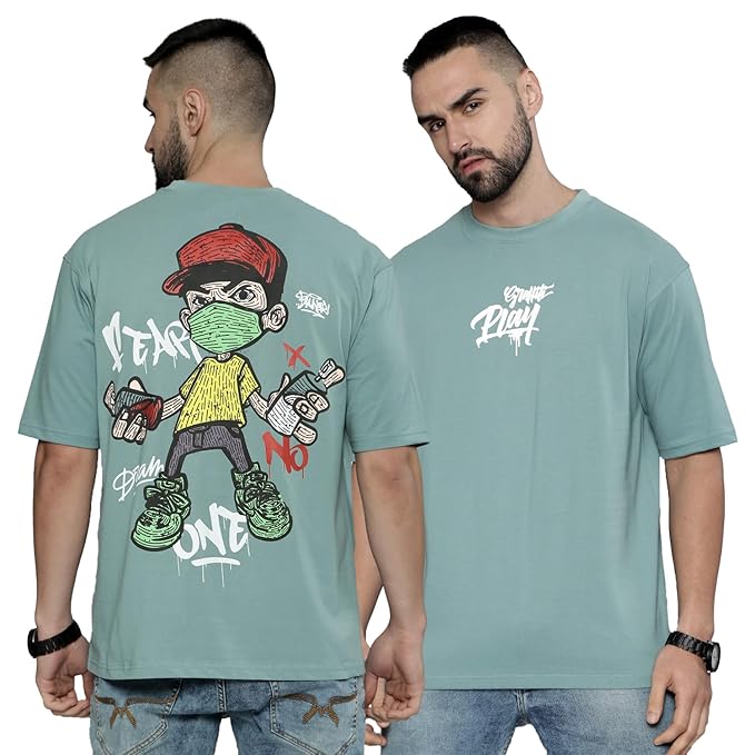 Maniac Graffityplay Printed Mens Round Neck 3/4th Sleeve Berly Green Cotton Oversized T-Shirt