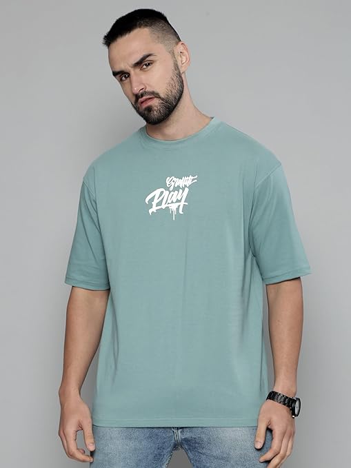 Maniac Graffityplay Printed Mens Round Neck 3/4th Sleeve Berly Green Cotton Oversized T-Shirt