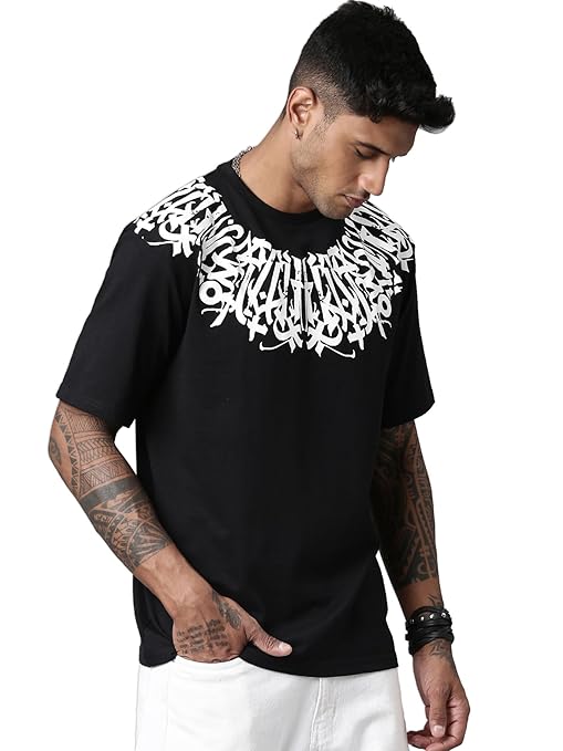 Men's Stylish Round Neck Printed 3/4th Sleeve Oversized T-Shirt (Black)