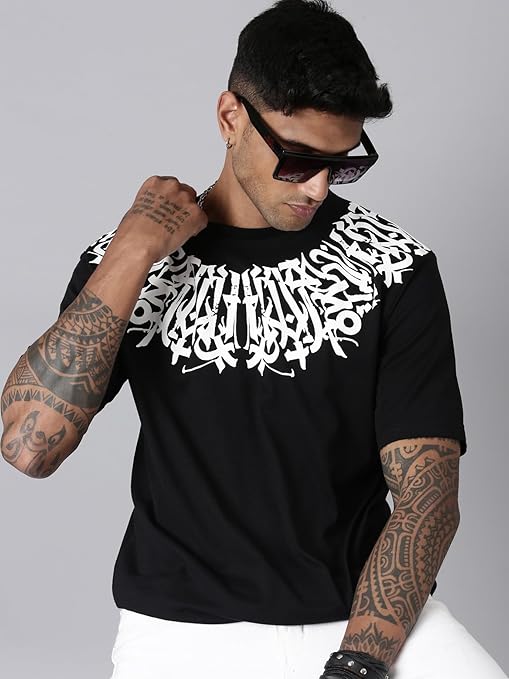 Men's Stylish Round Neck Printed 3/4th Sleeve Oversized T-Shirt (Black)