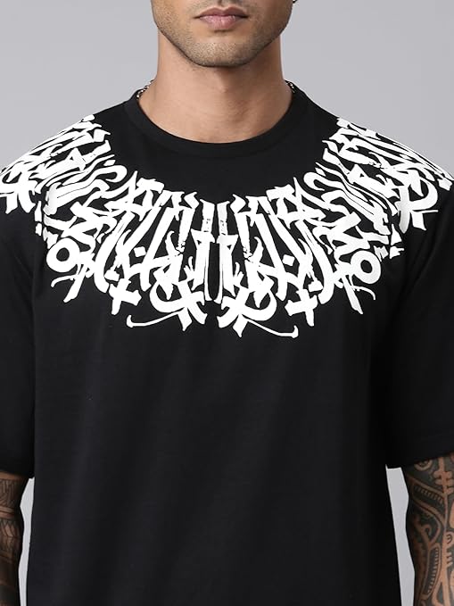 Men's Stylish Round Neck Printed 3/4th Sleeve Oversized T-Shirt (Black)