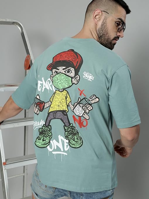 Maniac Graffityplay Printed Mens Round Neck 3/4th Sleeve Berly Green Cotton Oversized T-Shirt