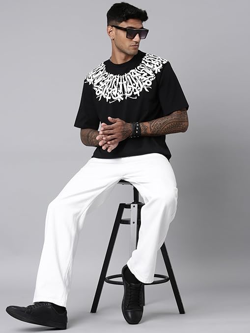 Men's Stylish Round Neck Printed 3/4th Sleeve Oversized T-Shirt (Black)