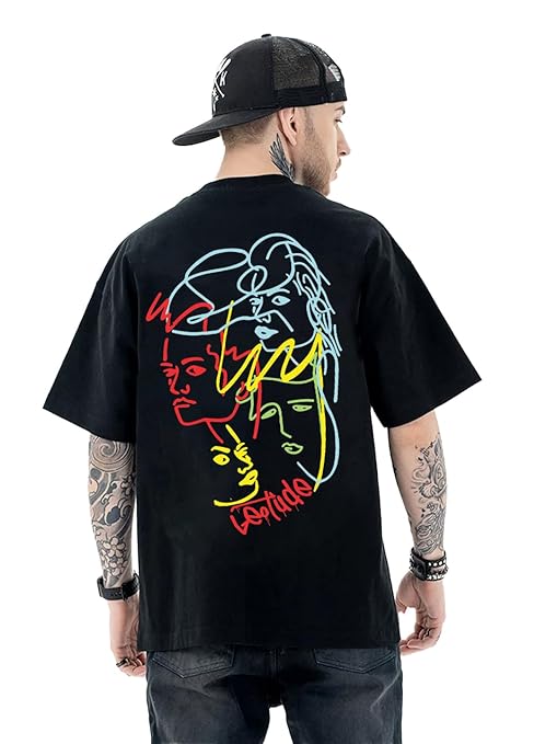 Half Sleeve Oversized Cottonblend Round Neck Drop Shoulder Back Printed Men's T-Shirt (Color Black)
