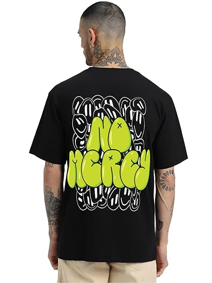 Pure Cotton Round Neck Drop Shoulder Oversized Fit Aesthetic No Mercy Graphic Print Black Half Sleeve T-Shirt Men (Available in from S to 2XL)