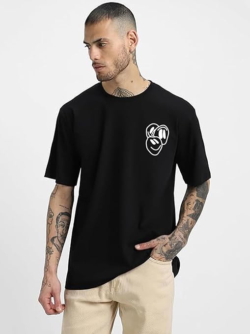 Pure Cotton Round Neck Drop Shoulder Oversized Fit Aesthetic No Mercy Graphic Print Black Half Sleeve T-Shirt Men (Available in from S to 2XL)
