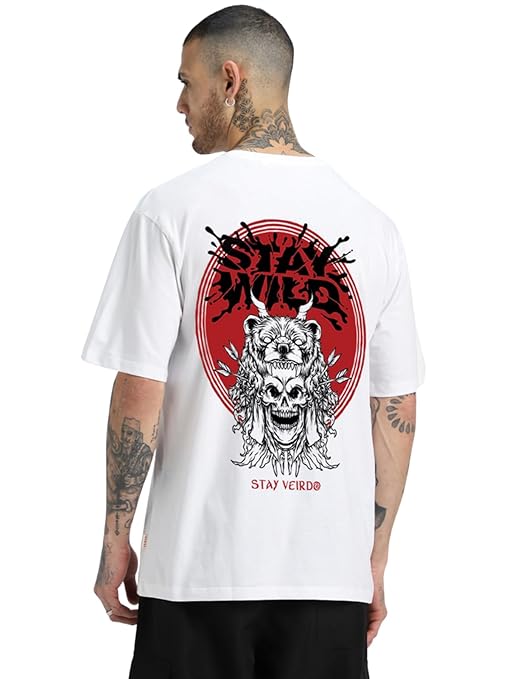 00% Pure Cotton Half Sleeve Round Neck Oversized Fit Stay Wild Graphic Print White T-Shirt Men/Boys (Available in from S to 2XL)