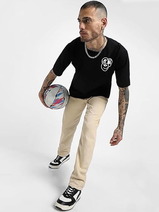 Pure Cotton Round Neck Drop Shoulder Oversized Fit Aesthetic No Mercy Graphic Print Black Half Sleeve T-Shirt Men (Available in from S to 2XL)