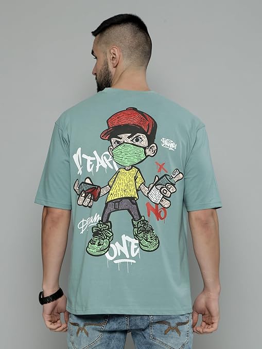 Maniac Graffityplay Printed Mens Round Neck 3/4th Sleeve Berly Green Cotton Oversized T-Shirt