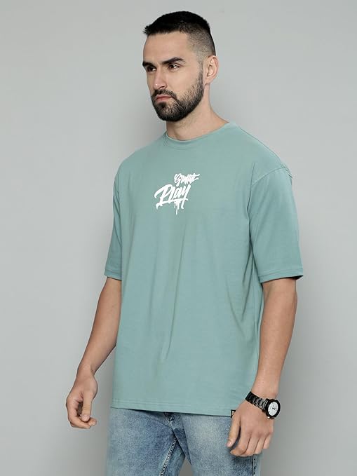 Maniac Graffityplay Printed Mens Round Neck 3/4th Sleeve Berly Green Cotton Oversized T-Shirt
